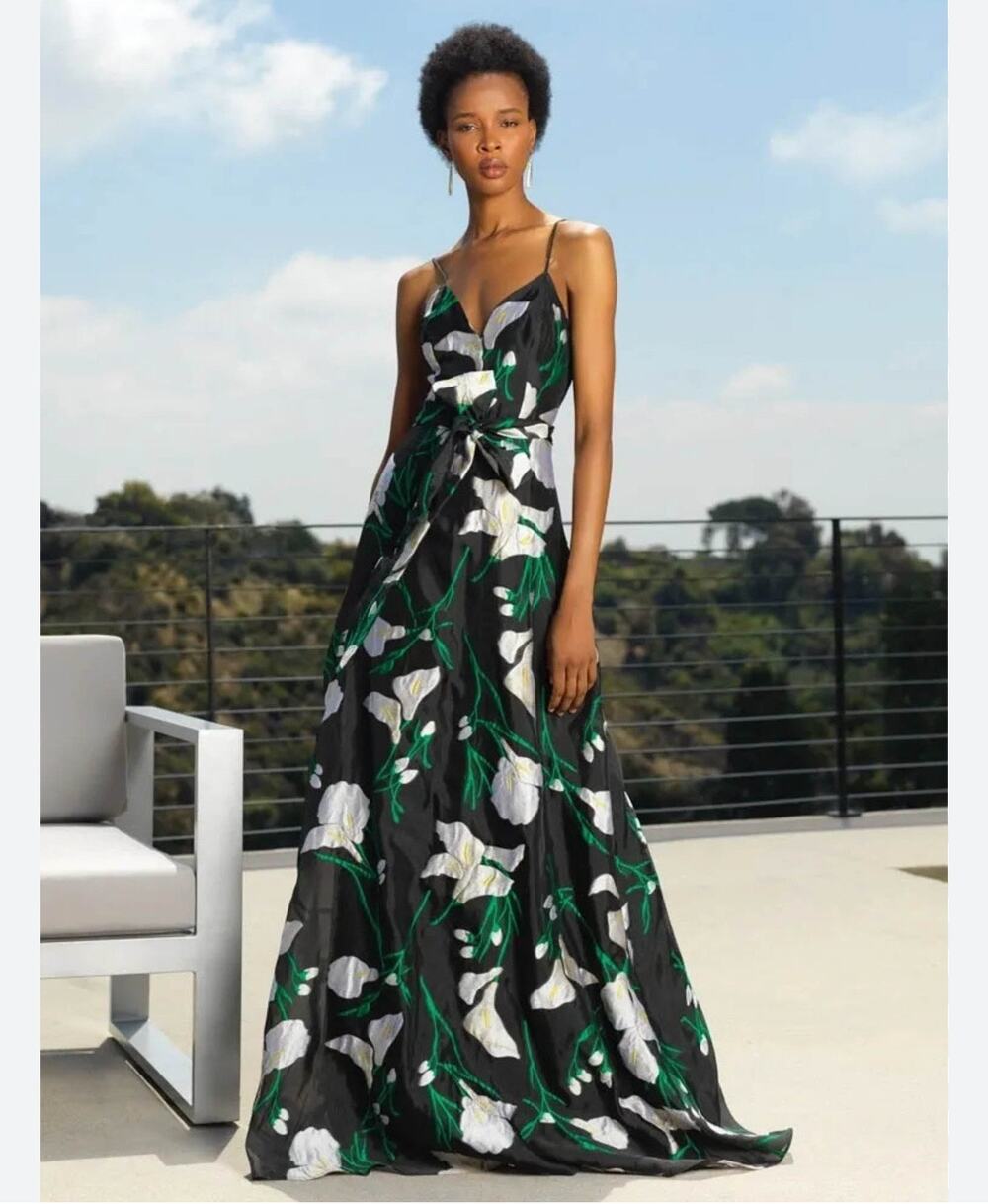 Belle Badgley Mischka Black Brocade Iris Floral Print A-Line Gown